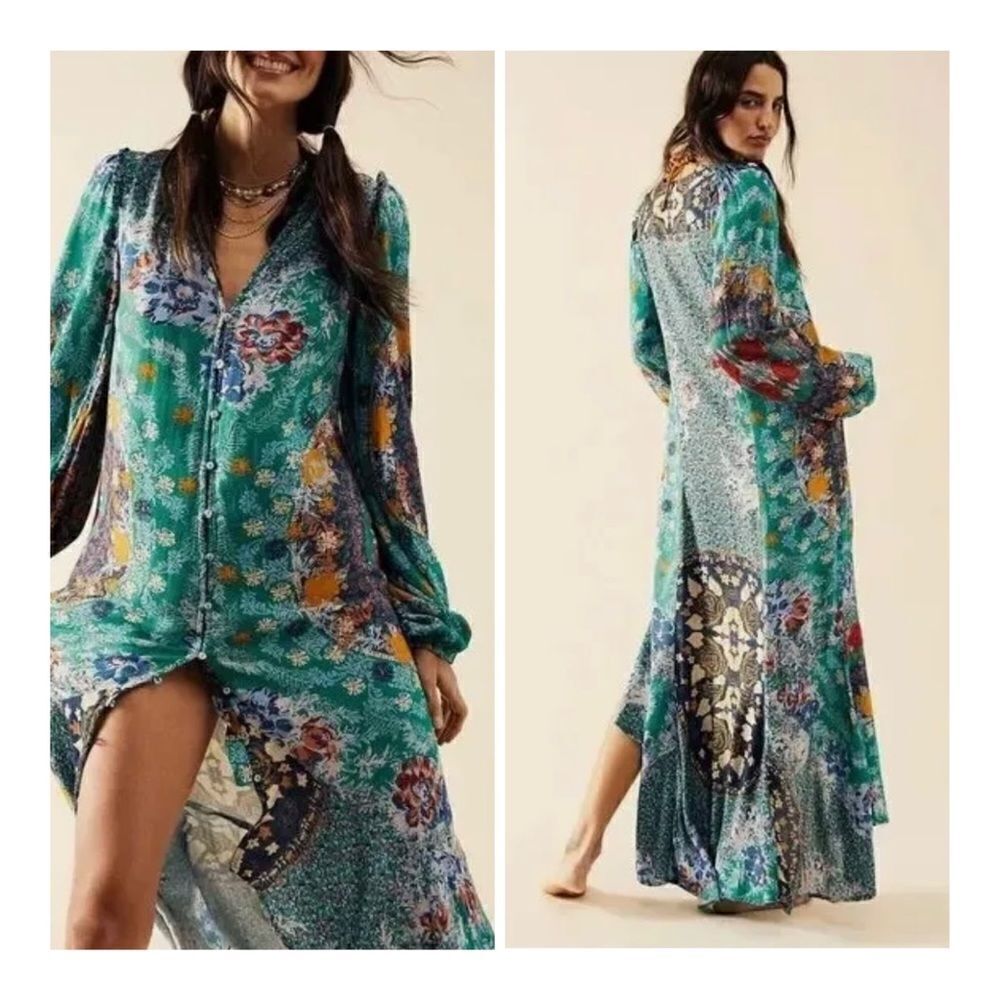 Free People Teal Floral Patchwork Maxi Midi Dress with Teal and Yellow Accents